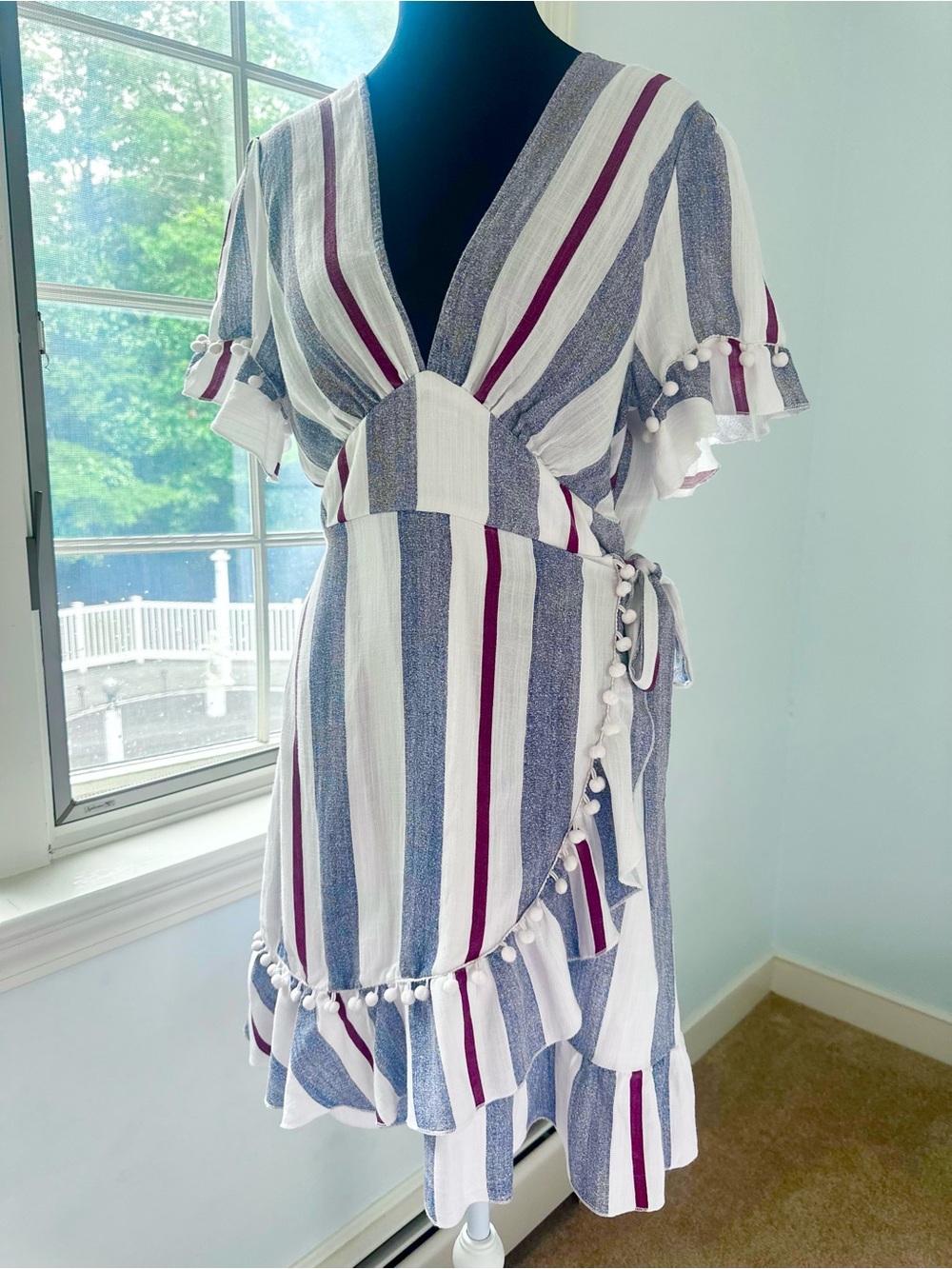 Simplee Apparel Boho Cottagecore Stripe Wrap Mini Dress with Pom Pom Size L